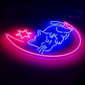 neon kot na księżycu na ścianę – śpiący kot LED na plexi