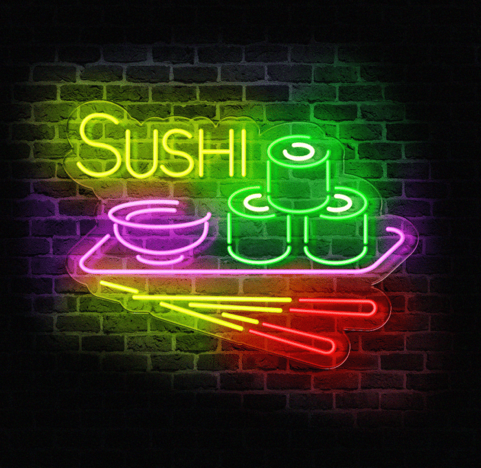 Neon LED Sushi na plexi w stylu japońskim, świecący napis z grafiką sushi