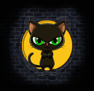 Czarny kot o intensywnych zielonych oczach na tle żółtego okręgu, neon LED na ceglanej ścianie.