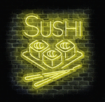 Neon sushi LED 70×53 cm – kolorowy napis Sushi z tacą i pałeczkami