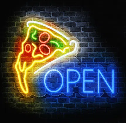 Neon LED OPEN z kawałkiem pizzy na plexi