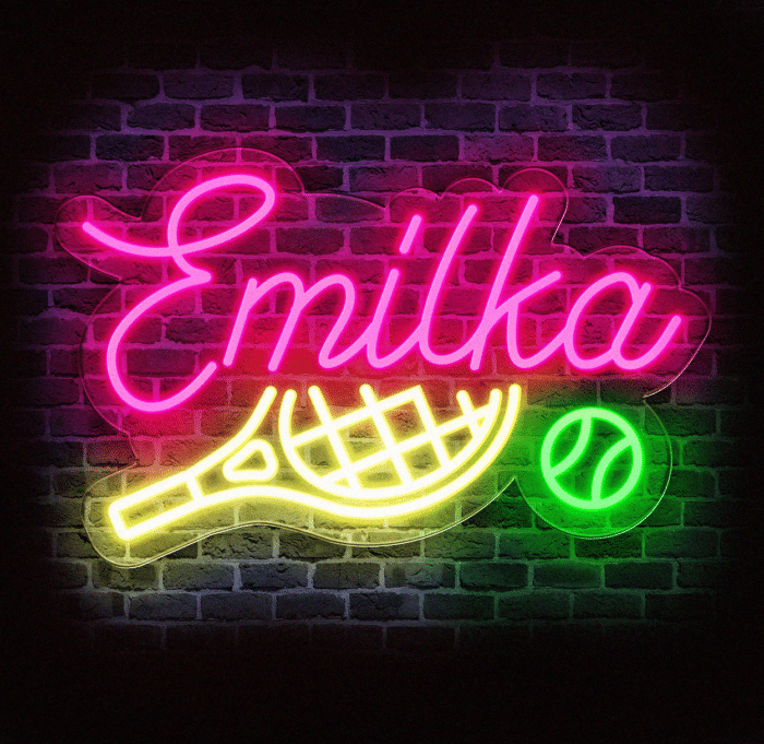 Personalizowany neon LED „Emilka” z motywem rakiety tenisowej i piłki