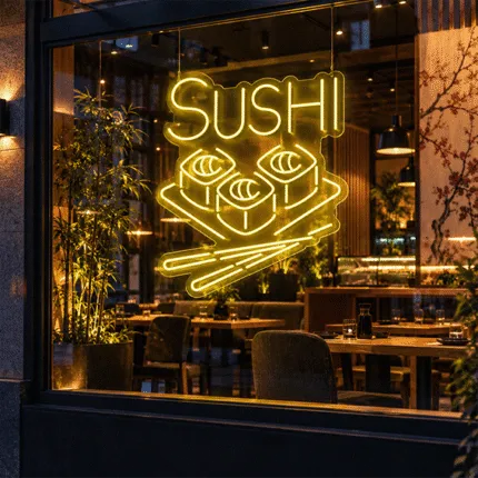 Neon do restauracji japońskiej – żółty napis Sushi z rolkami zawieszony na linkach w sali