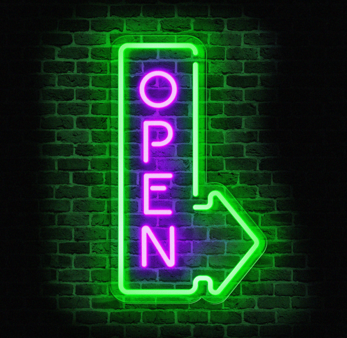 Neon LED OPEN w kształcie strzałki na plexi