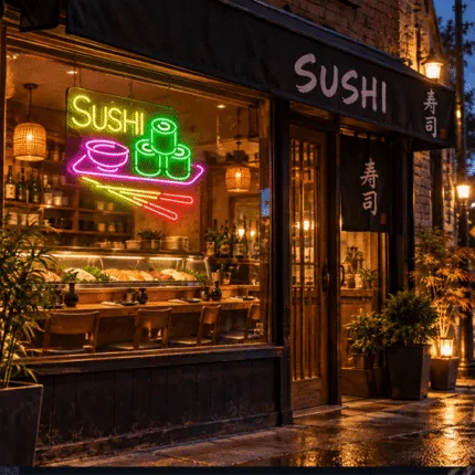 Neon sushi LED – kolorowy napis Sushi z tacą, rolkami i pałeczkami w restauracji sushi