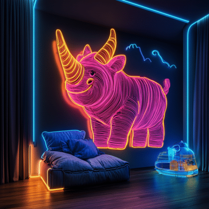 Neon LED w kształcie nosorożca w dziecięcym pokoju
