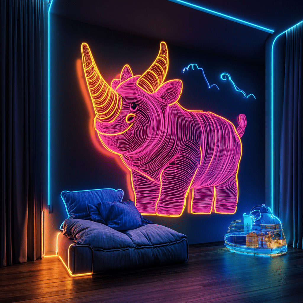 Neon LED w kształcie nosorożca w dziecięcym pokoju