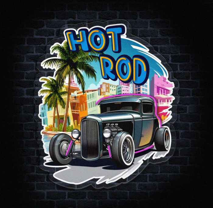 Neon LED Hot Rod z klasycznym samochodem, palmami i stylowym tłem retro