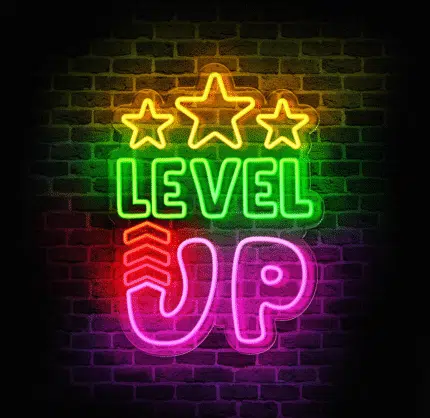 Neon LED Level Up świecący na ścianie pokoju gamingowego.