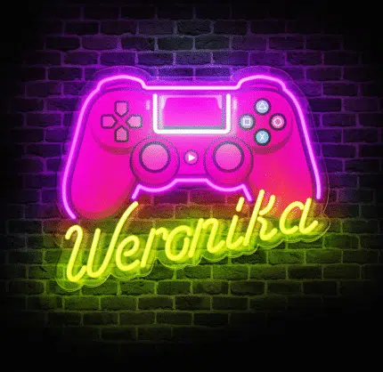 Personalizowany neon LED z kontrolerem do gier na ścianie.