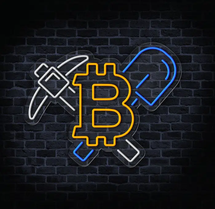 Podświetlany symbol Bitcoin LED – ozdoba dla inwestorów i fanów kryptowalut.