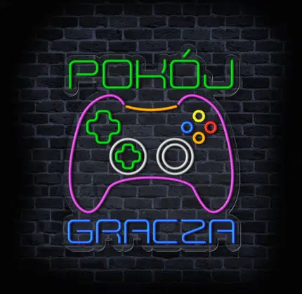 Kolorowy neonowy napis "Pokój Gracza" na ścianie