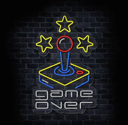 Dekoracja LED z motywem joysticka w stylu retro do strefy gamingowej.