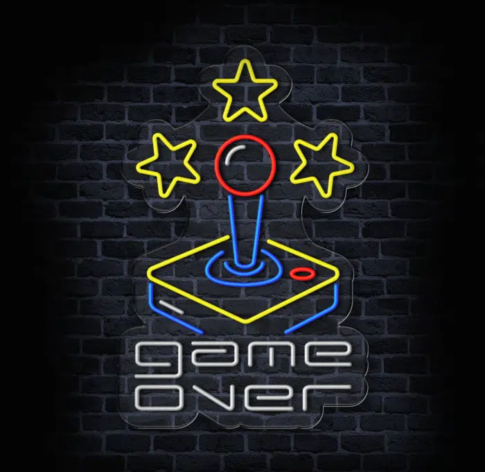 Dekoracja LED z motywem joysticka w stylu retro do strefy gamingowej.