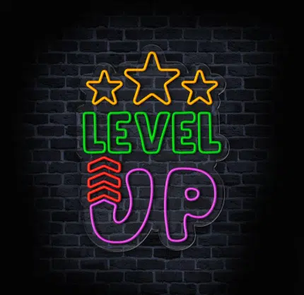 Gamingowy neon LED Level Up z wyrazistymi kolorami do strefy gracza.
