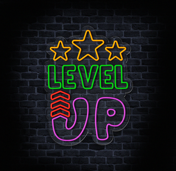 Gamingowy neon LED Level Up z wyrazistymi kolorami do strefy gracza.
