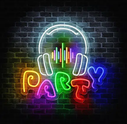 Kolorowy neon LED PARTY na tle ceglanej ściany – idealny na imprezy.