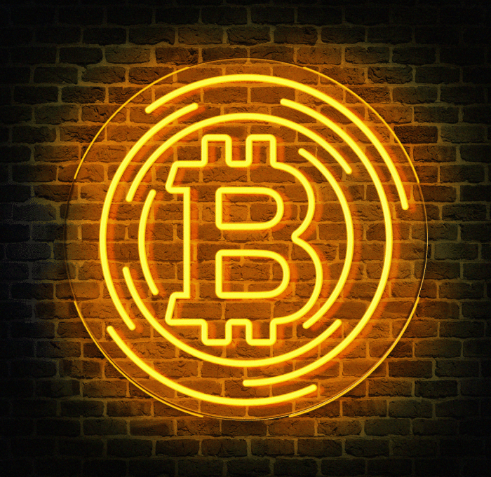 Neon LED Bitcoin na ścianę – elegancka dekoracja kryptowalutowa.