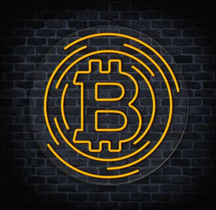Podświetlany symbol Bitcoin LED – ozdoba dla miłośników cyfrowych walut.
