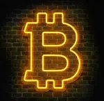 Neon LED z symbolem Bitcoina na ceglanej ścianie