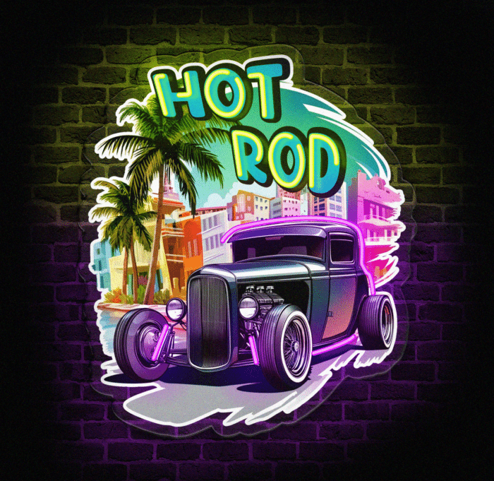 Neon LED Hot Rod z motywem klasycznego samochodu i palm, idealny do klimatycznych wnętrz.