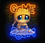 Neon LED „Game Room” z postacią gracza na tle ceglanej ściany.