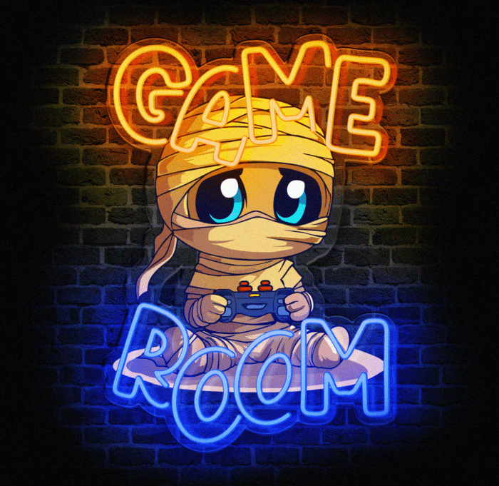 Neon LED „Game Room” z postacią gracza na tle ceglanej ściany.