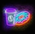 Neon LED kawa i pączek – dekoracja ścienna do kawiarni.