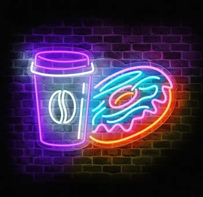 Neon LED kawa i pączek – dekoracja ścienna do kawiarni.