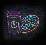 Kolorowy neon LED z kawą i deserem na ścianę.
