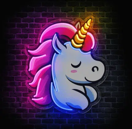 Neon LED w kształcie jednorożca świecący na ścianie z cegły.