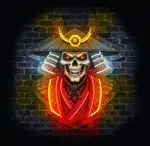 Neon do pokoju Czaszka Samuraja na ceglanej ścianie