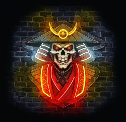 Neon do pokoju Czaszka Samuraja na ceglanej ścianie