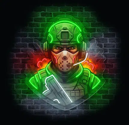 Neon do pokoju Komandos na ceglanej ścianie