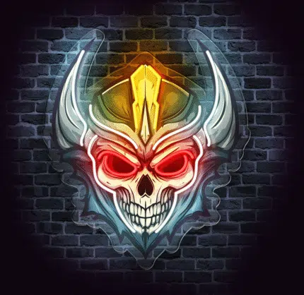 Neon LED Czaszka Wojownika na ciemnej ścianie