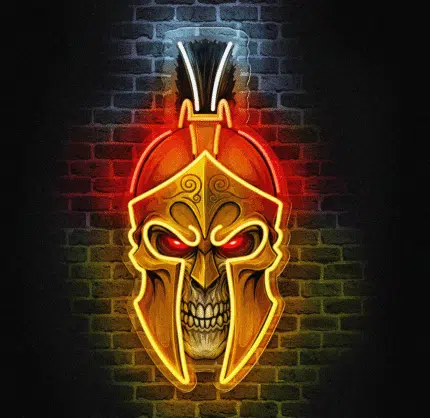 Neon do pokoju Spartan Maska na ceglanej ścianie