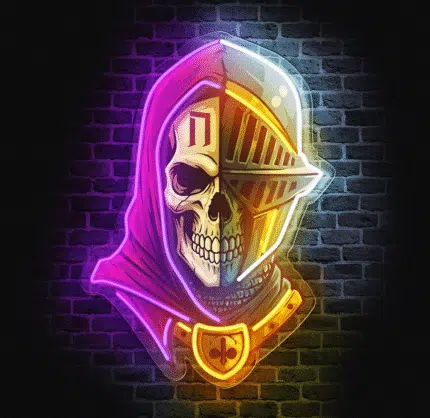 Neon na ścianę Czaszka Rycerza na ceglanej ścianie