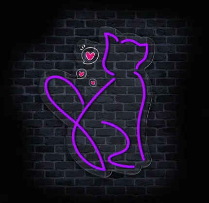 Designerski neonowy kot LED na ceglanej ścianie