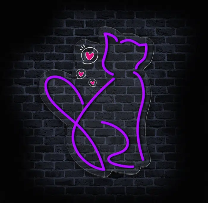 Designerski neonowy kot LED na ceglanej ścianie