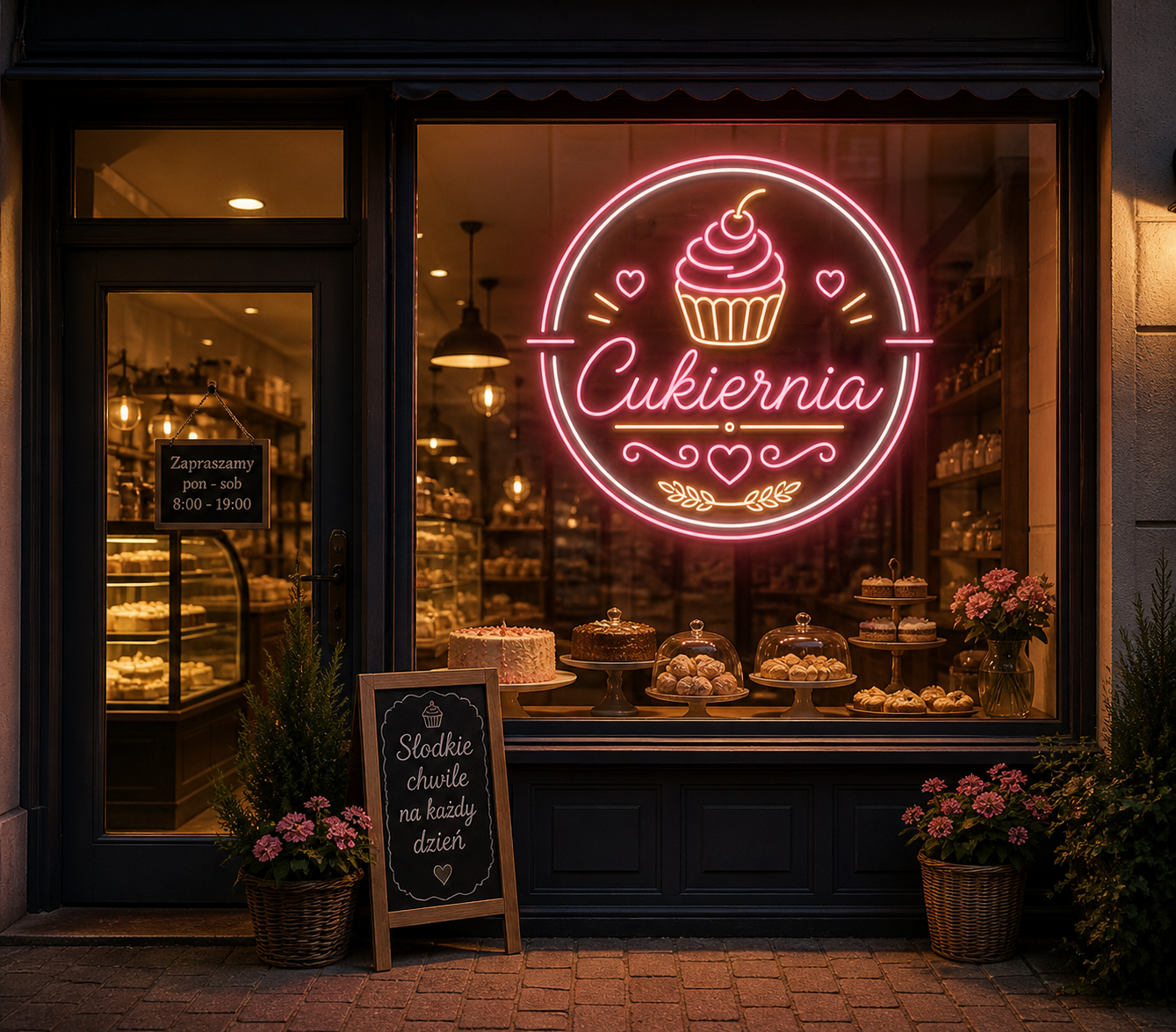 neon cukiernia LED w witrynie sklepu reklama cukierni neon na szybę