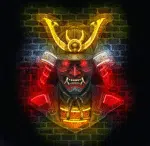 Neon do pokoju Maska Samuraja na ceglanej ścianie