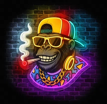 Neon LED z kolorową małpą w czapce i okularach