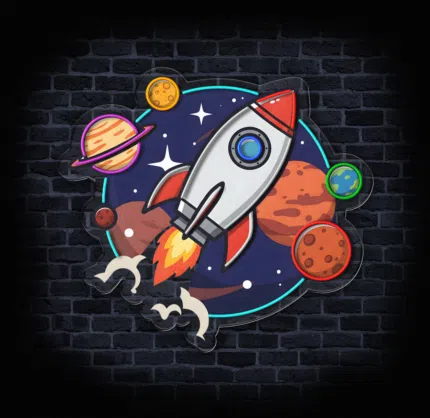 Podświetlany neon z rakietą i planetami