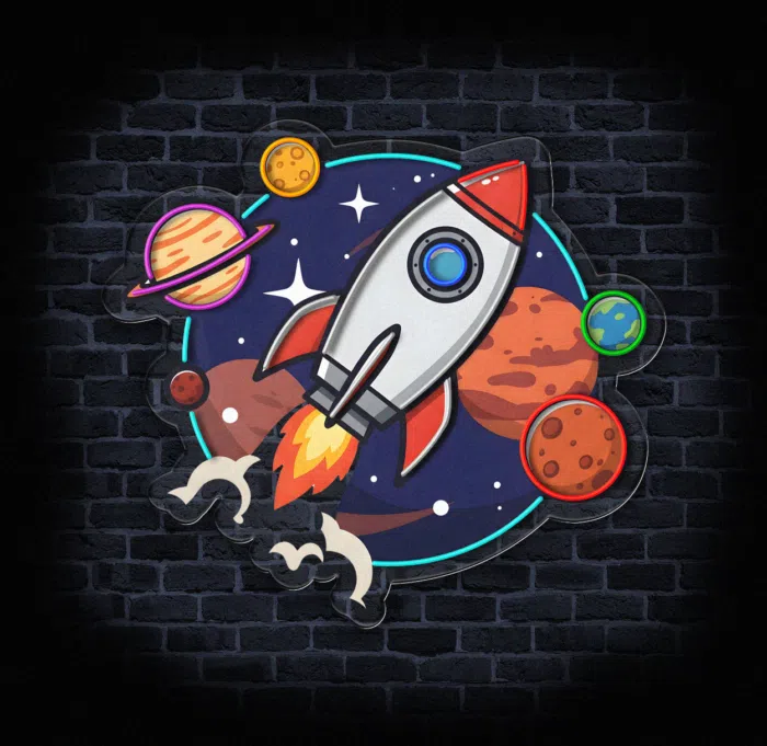 Podświetlany neon z rakietą i planetami