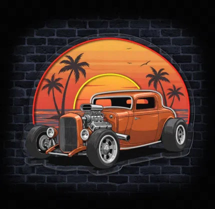 Neon do pokoju młodzieżowego z klasycznym samochodem na tle zachodu słońca