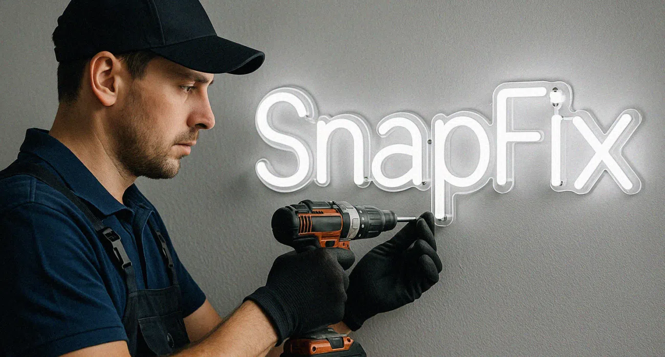 Monter instaluje neonowy napis SnapFix na szarej ścianie za pomocą wkrętarki.