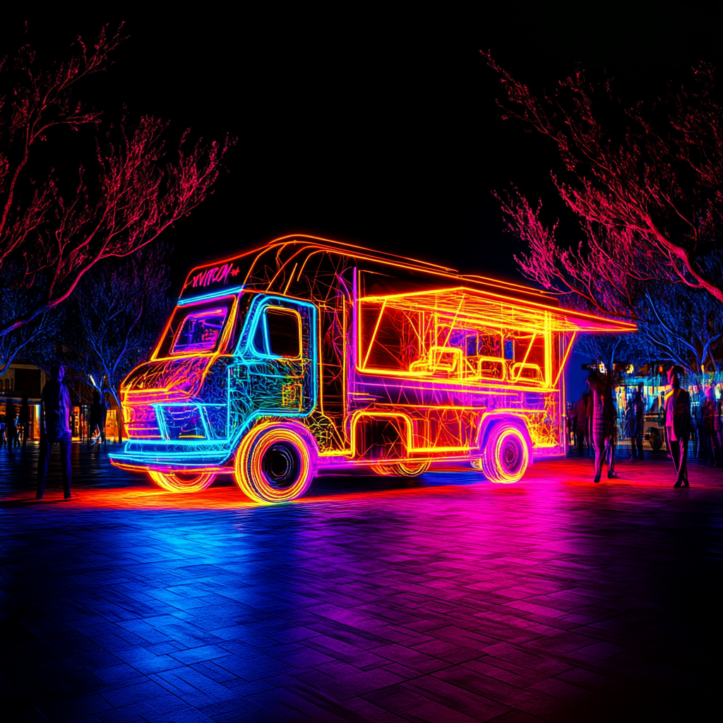 Neonowy food truck z kolorowym oświetleniem LED na tle nocnego miasta