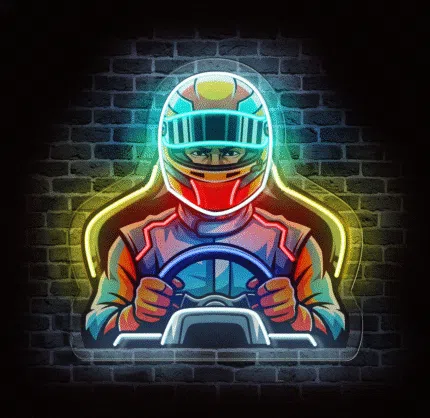 Neon LED kierowca rajdowy z kierownicą i napisem Full Speed