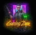 Neon LED z napisem Gaming Zone i cyberpunkową postacią