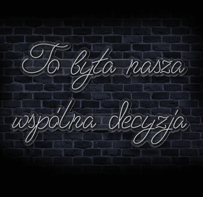 Neon LED z napisem „To była nasza wspólna decyzja”